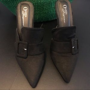 Black faux suede heels